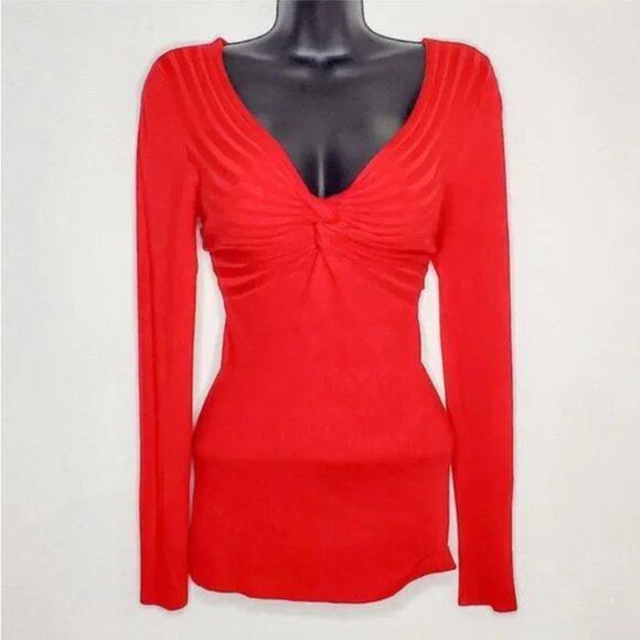 Candies Rich Red Twist Front Sweetheart Neck Fitted Sweater Top - Picture 1 of 8